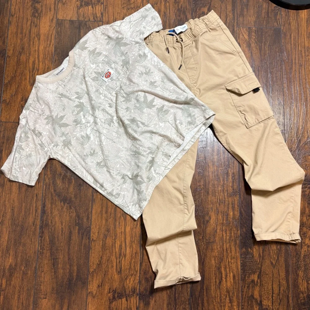 Old Navy Shirt and Pants Set Boys L/XL Tan Leaf Print Tech Taper Cargo Outfit
